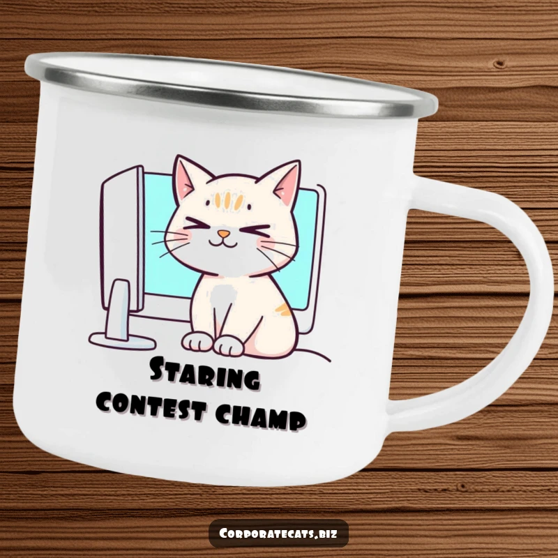Funny crossed-eyed cat camping mug, humorously looking around in the wilderness, designed for outdoor fun.