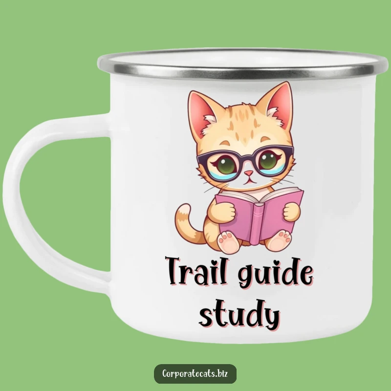 Funny Curious Cat Glasses Camping Mug: Durable & Hilarious Outdoor Bookworm Gear