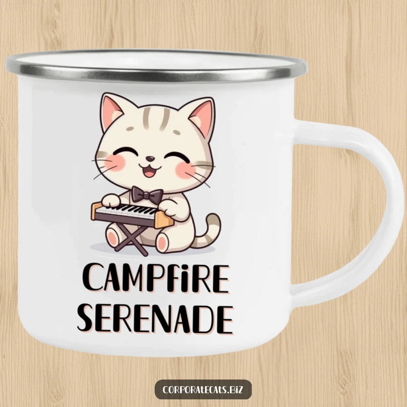 Funny camping mug showcasing a smiling cat in a bowtie playing a tiny piano, ideal for outdoor enthusiasts who love music.