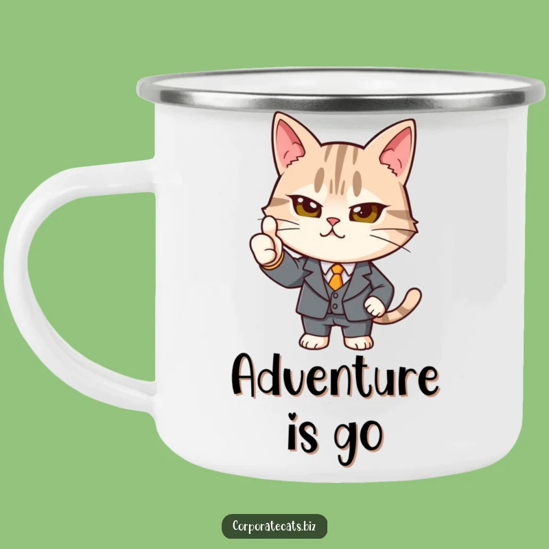 Funny Determined Cat Suit Thumbs-Up Camping Mug: Outdoor Professionalism & Feline Humor