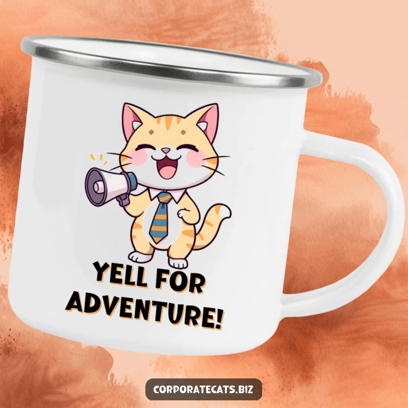 Funny cat camping mug depicting an excited cat in a tie, holding a miniature megaphone, perfect for outdoor enthusiasts.