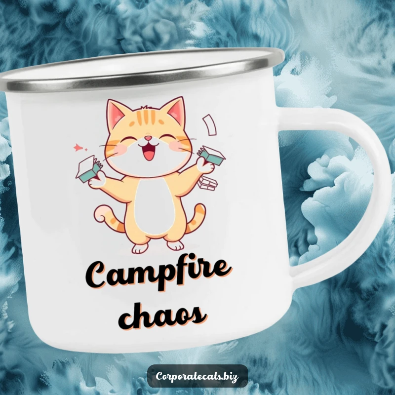 Funny camping mug with a cheerful cat juggling paper stacks, designed for outdoor enthusiasts who appreciate humor and cats.