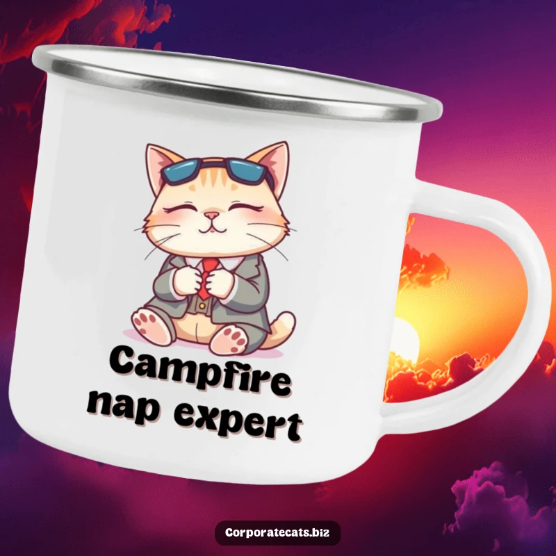 Funny camping mug with a napping cat wearing a business suit, built tough for adventures and perfect for peaceful moments.
