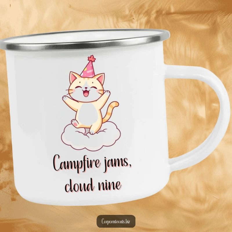 Funny cat in a party hat dancing on a cloud, ready for outdoor celebrations. A superb funny gift.