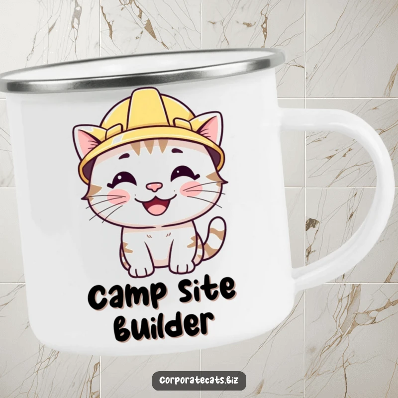 Funny camping mug with a smiling cat character wearing a miniature hard hat. Durable and humorous for outdoor use.