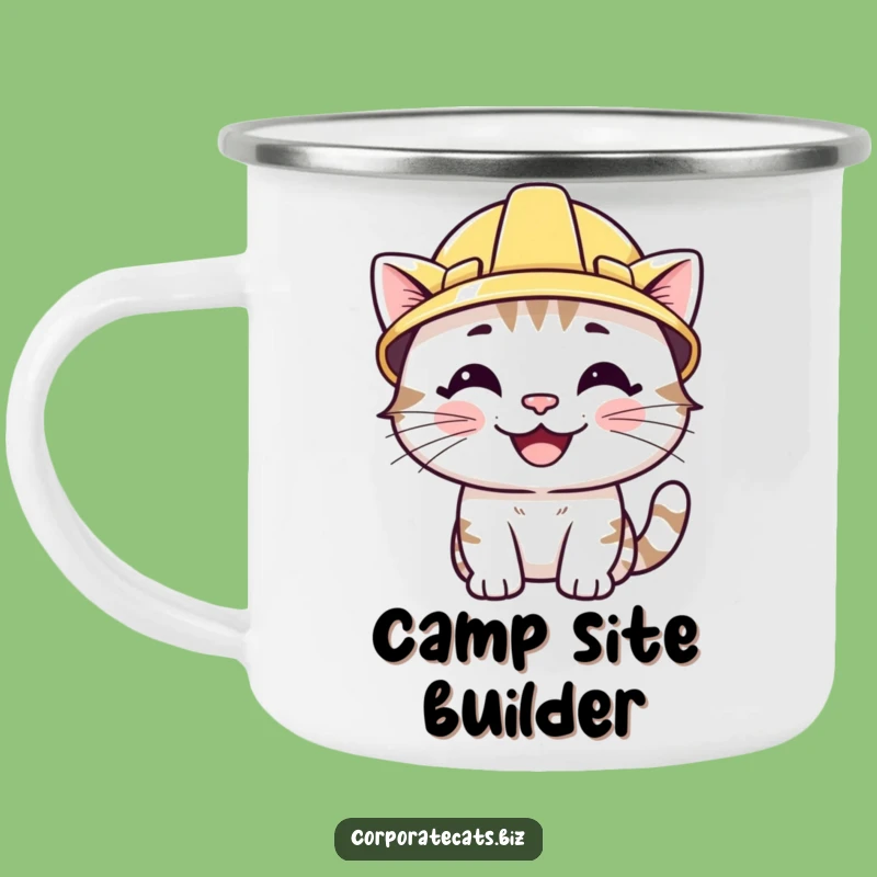 Funny Smiling Cat Camping Mug: Wearing Hard Hat, Rugged and Hilarious Outdoor Gear