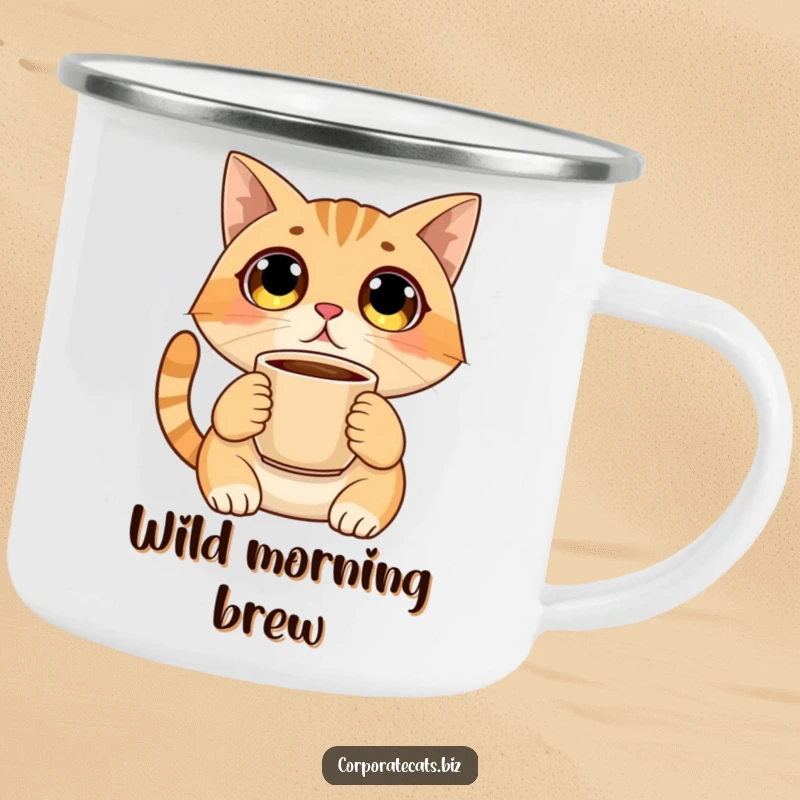 Funny camping mug with a shocked, wide-eyed cat holding a coffee cup, ideal for outdoor enthusiasts who enjoy a good laugh.