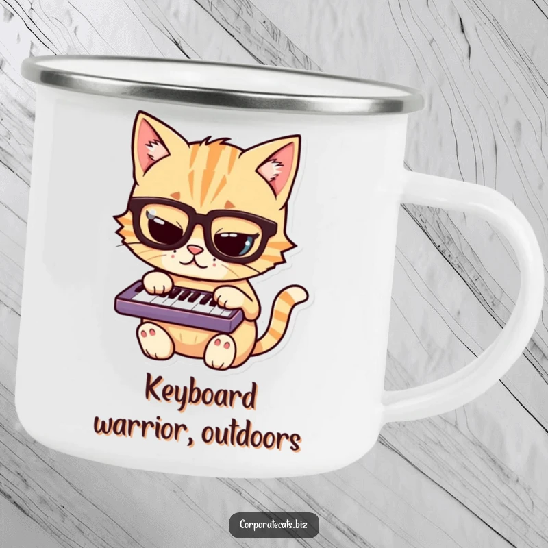 Funny cat camping mug depicting a mischievous cat with glasses engrossed in playing a miniature keyboard, ready for exploration.