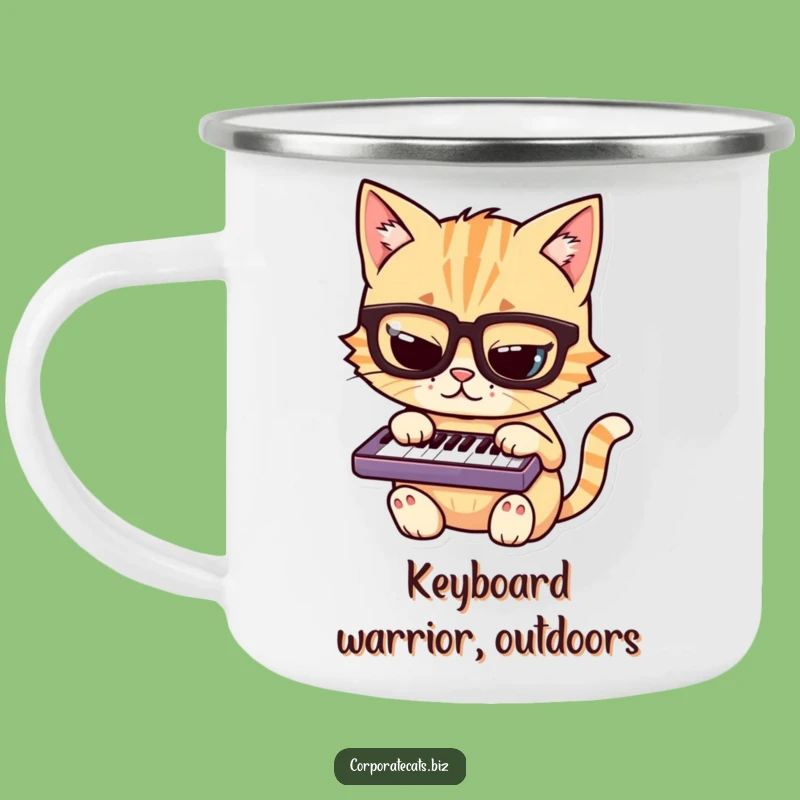 Funny Mischievous Cat Camping Mug: Nerdy Feline in Glasses Playing Keyboard, Adventure Funny Gift!