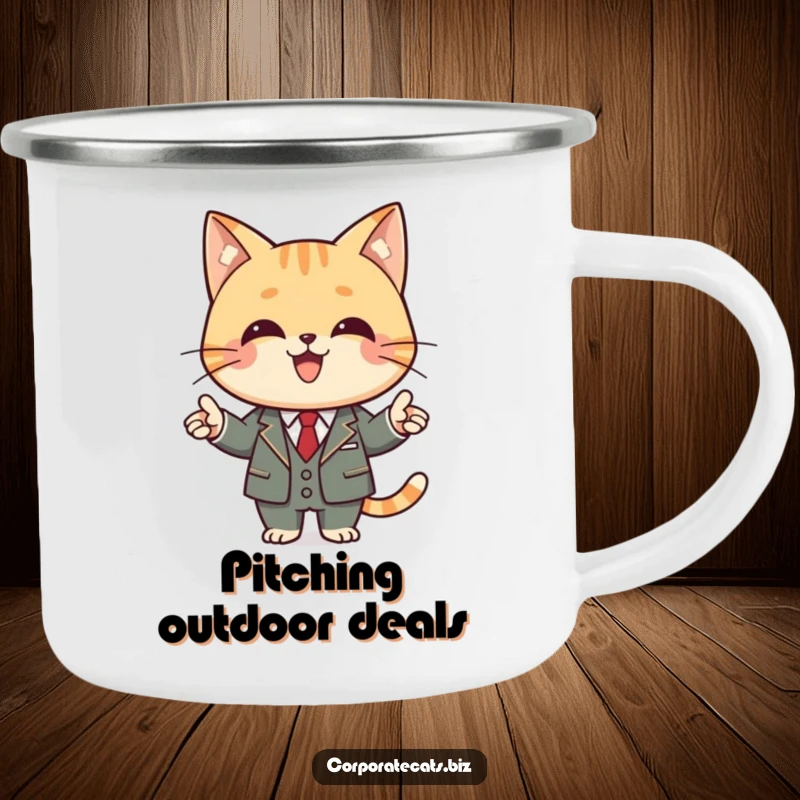 Funny cat camping mug depicting a cat in a business suit confidently presenting, ready for any challenge.