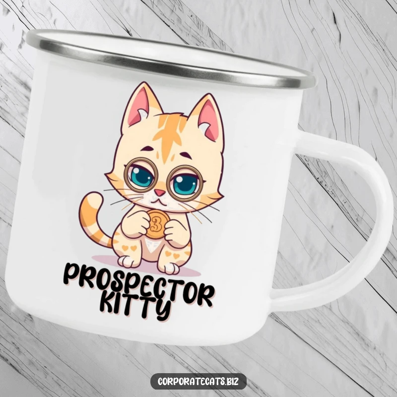 Funny camping mug showing a mischievous cat with a monocle examining a coin, perfect for explorers and lovers of mystery.