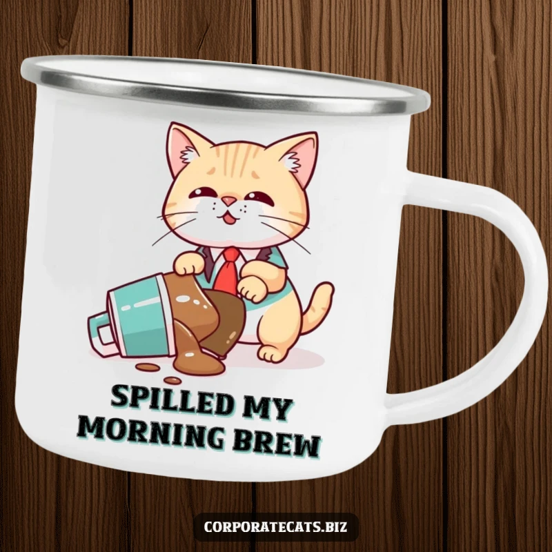 Funny Camping Mug: A cat executive pauses their hike to accidentally spill coffee, looking surprised. Durable and funny.