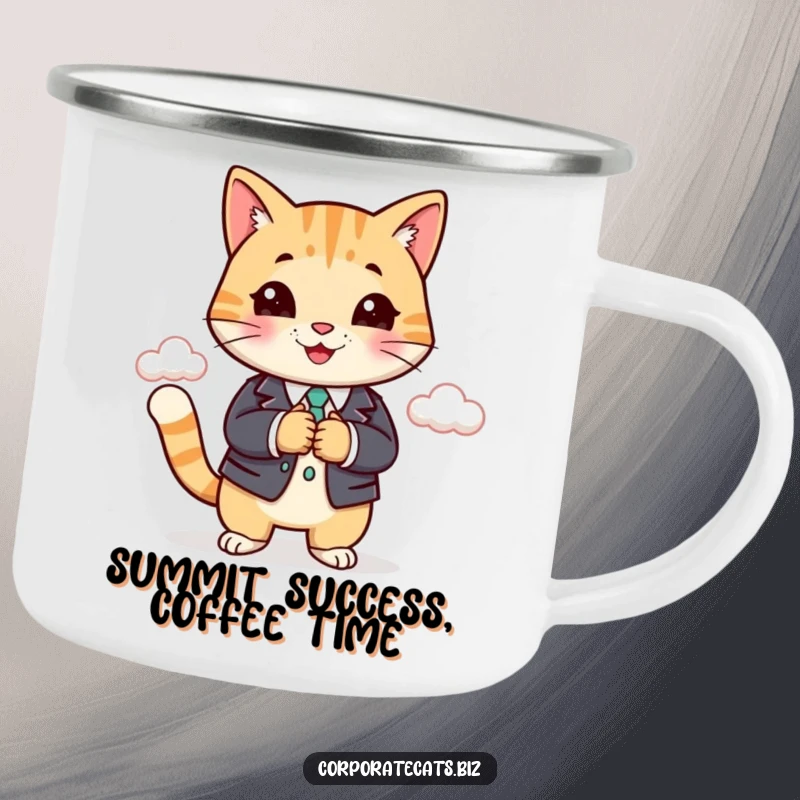 Funny cat in a business suit shaking hands with a cloud, perfect for campfire meetings. A superb funny gift.