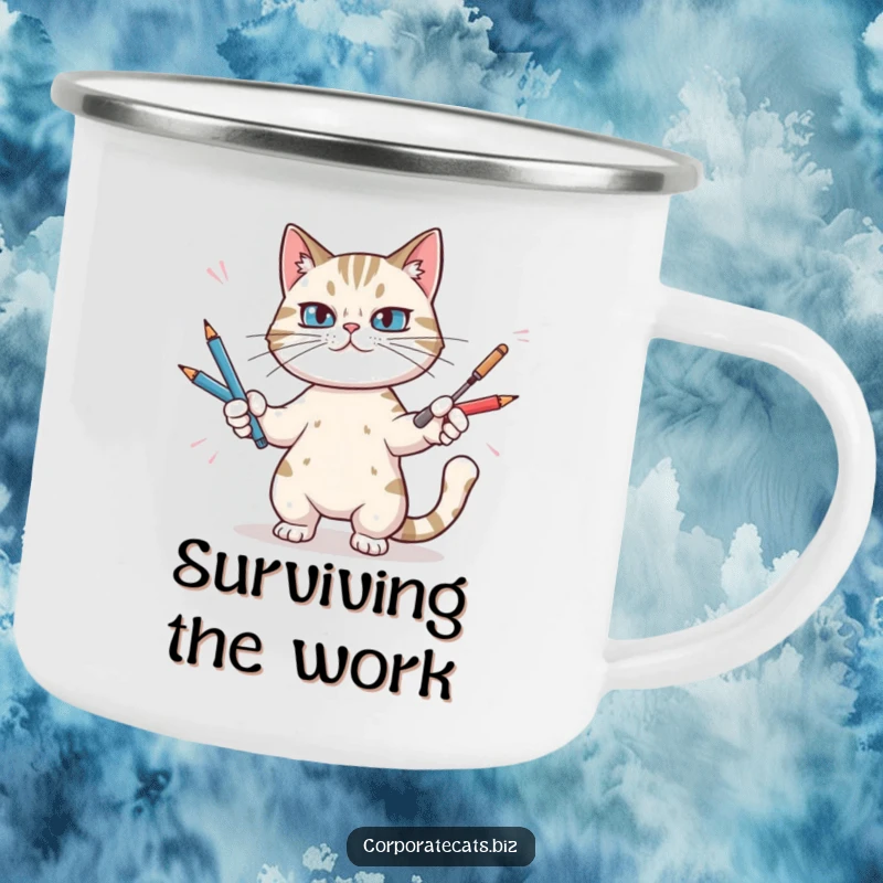 Funny camping mug featuring a determined cat juggling pens, perfect for outdoor enthusiasts who appreciate humor.