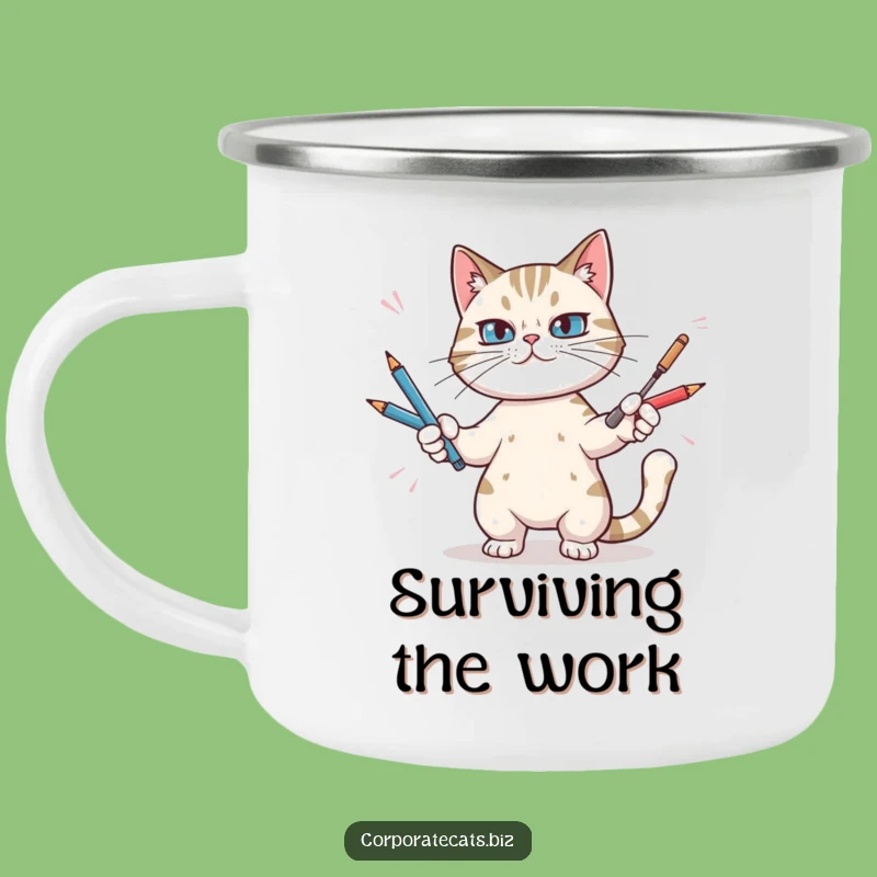 Funny Cat Juggling Pens Camping Mug - Durable and Hilarious Outdoor Companion