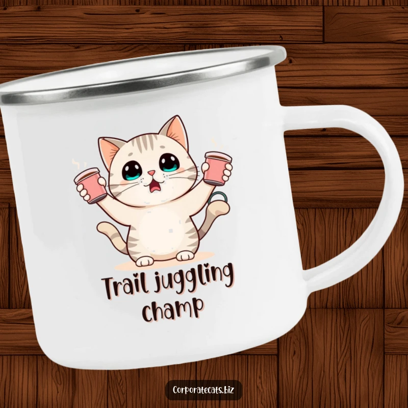 Funny camping mug with a surprised cat character juggling tiny coffee cups. Durable and humorous for all your adventures.