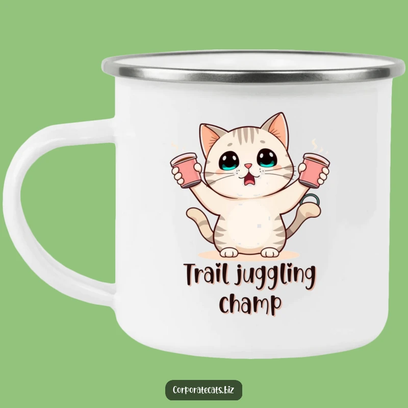Funny Surprised Cat Camping Mug: Juggling Coffee Cups, Rugged and Hilarious Outdoor Gear