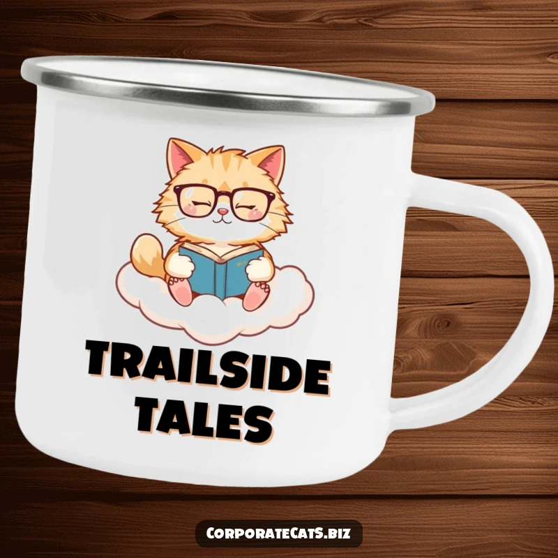 Funny Cat Campfire Mug: A fluffy cat reads a book on a cloud, humorous for outdoor relaxation and book lovers.