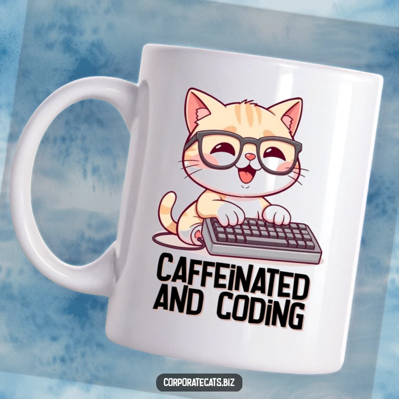 Funny Tech Cat Mug showing a happy cat wearing glasses, typing furiously on a tiny keyboard, focused and busy.