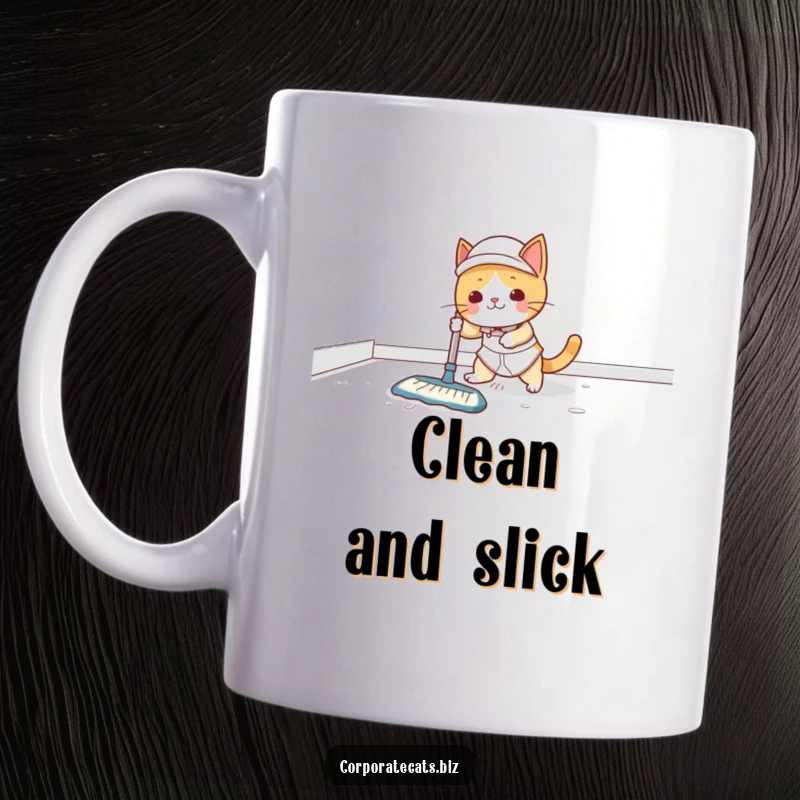 Funny Mug: A clumsy cat janitor slips dramatically on a wet, freshly mopped floor, arms flailing.