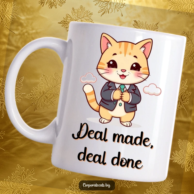 Funny business cat in a suit shaking hands with a fluffy cloud, looking professional and slightly absurd. A great funny gift idea.