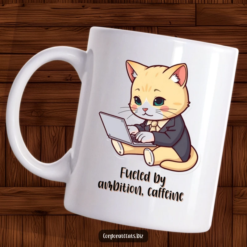 Funny cat character in a tiny suit furiously typing on a laptop, embodying business hustle, on a humorous mug.