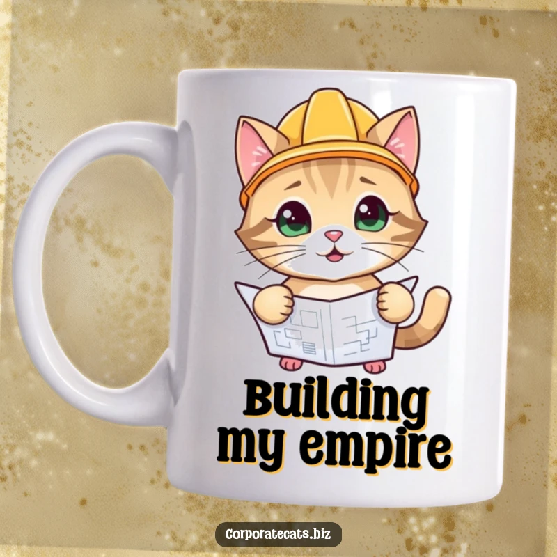 Funny Builder Cat Mug: a playful cat character wearing a tiny hard hat and inspecting a blueprint, ready for work.