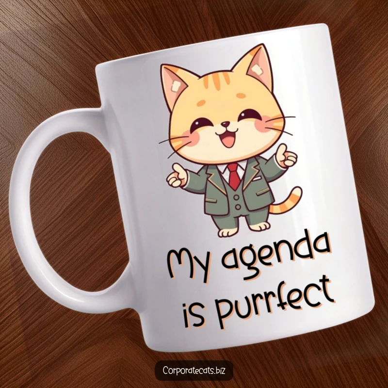 Funny cat mug depicting a joyful cat wearing a business suit, confidently giving a presentation with a pointer.