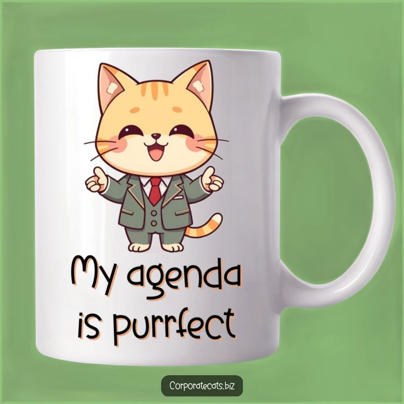 Funny Business Cat Mug: Joyful Feline in Suit Presenting, Perfect Funny Gift!
