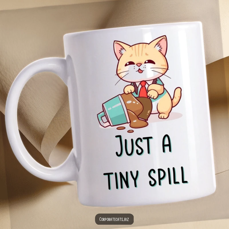 Funny Mug: Clumsy cat executive spills coffee in a chaotic office mishap, spilling everywhere.