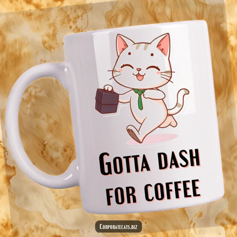 Funny playful cat holding a briefcase, running with a smile, depicted on a coffee mug.