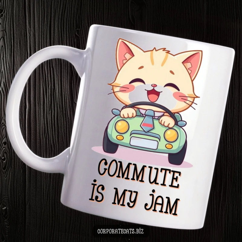 Funny happy cat wearing a necktie, gleefully driving a tiny car, this mug is a humorous gift for cat lovers and drivers.