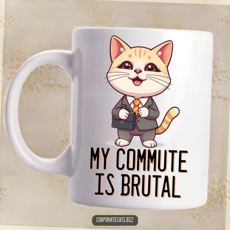 Funny mug featuring a smiling cat dressed in a tiny business suit, clutching a briefcase, ready for a serious day of napping.