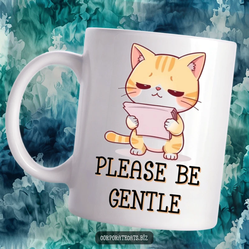 Funny mug showing a very nervous cat holding a tall stack of papers, conveying office anxiety humorously.