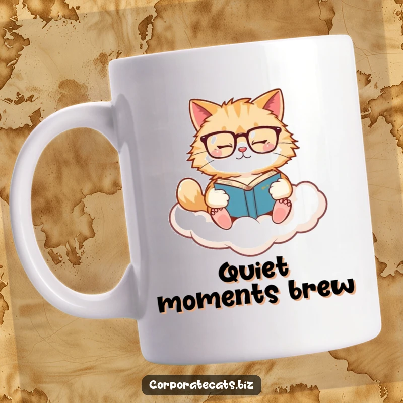 Funny Cat Scholar Mug: A fluffy, bespectacled cat reads a book peacefully while floating on a cloud, conveying intellectual feline humor.