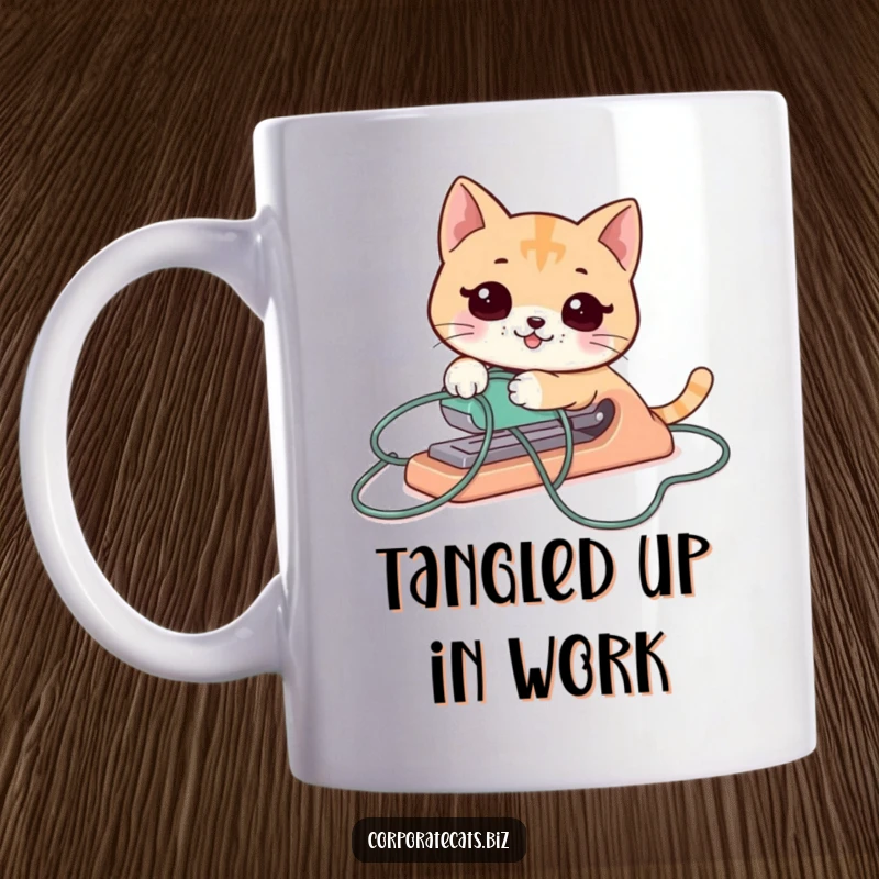 Funny cat stapler struggling with its own cord, a hilarious depiction of office work chaos and tangled situations.
