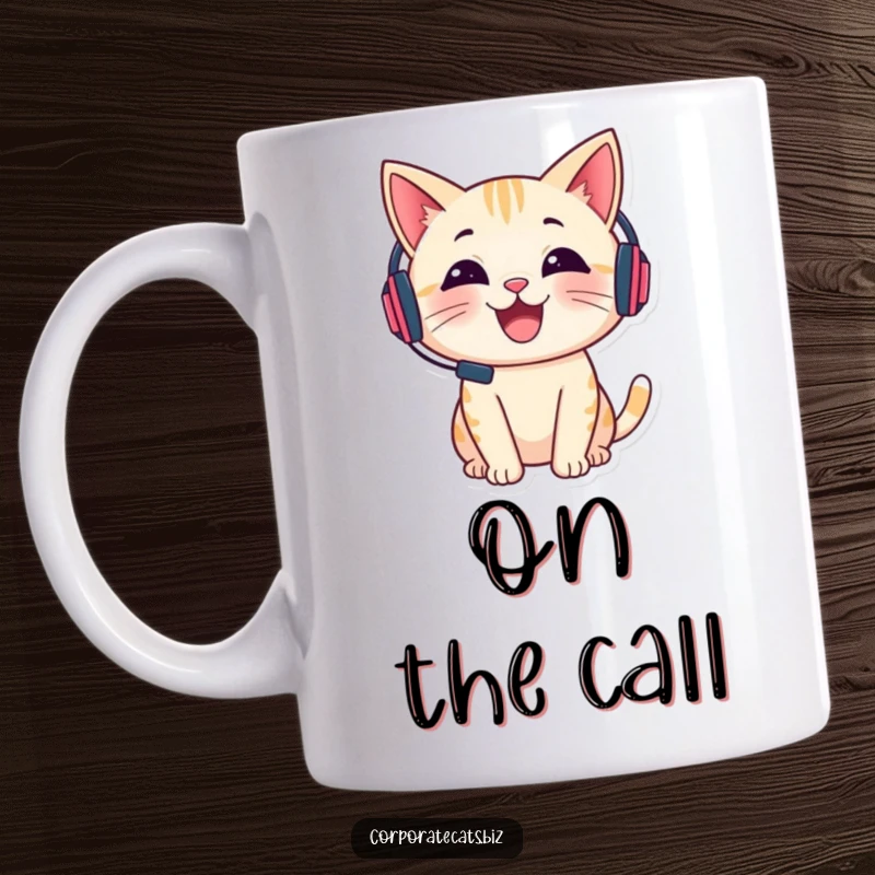 Funny mug featuring a cheerful cat wearing a tiny headset and talking, ideal for gamers and chatty people.