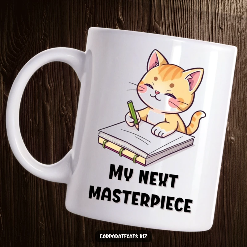 Funny mug featuring a creative cat diligently sketching in a small notepad, symbolizing artistic passion and focus.