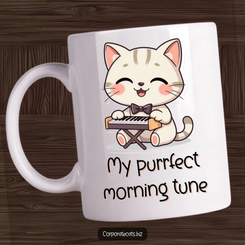Funny cat mug with a smiling, bowtie-clad cat playing a miniature piano with adorable musical notes floating around.