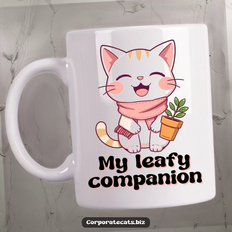 Funny joyful cat character wearing a tiny scarf, happily holding a small plant pot with a sprout.