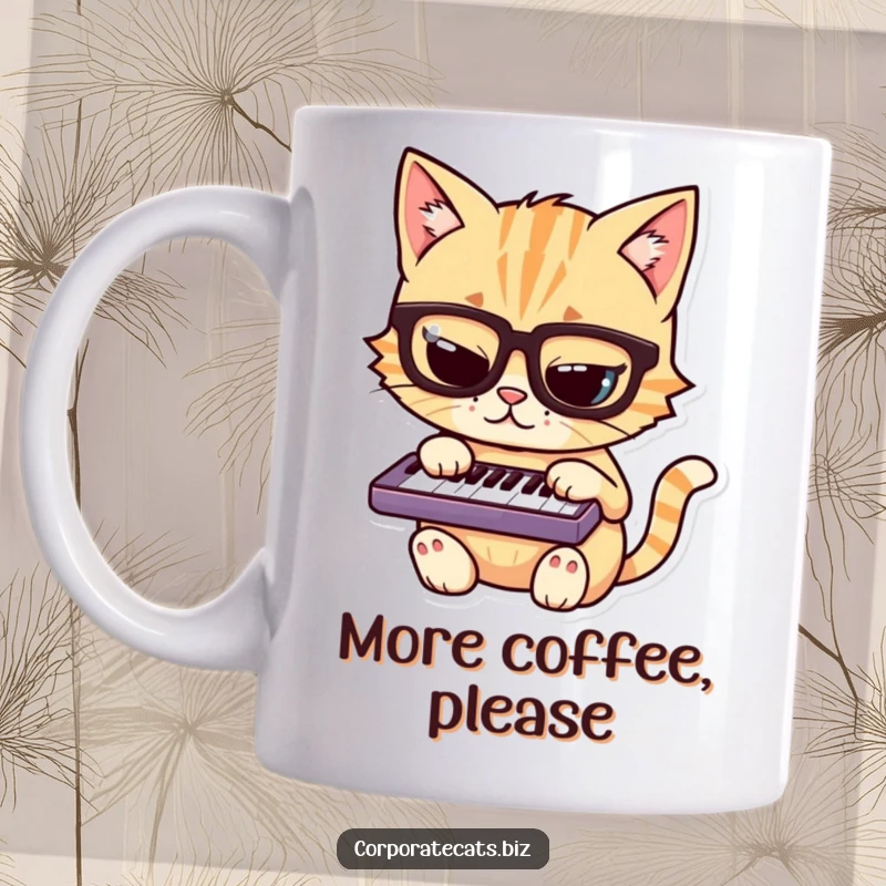 Funny cat mug showing a mischievous cat wearing glasses and intently playing a tiny keyboard, looking like a coding genius.