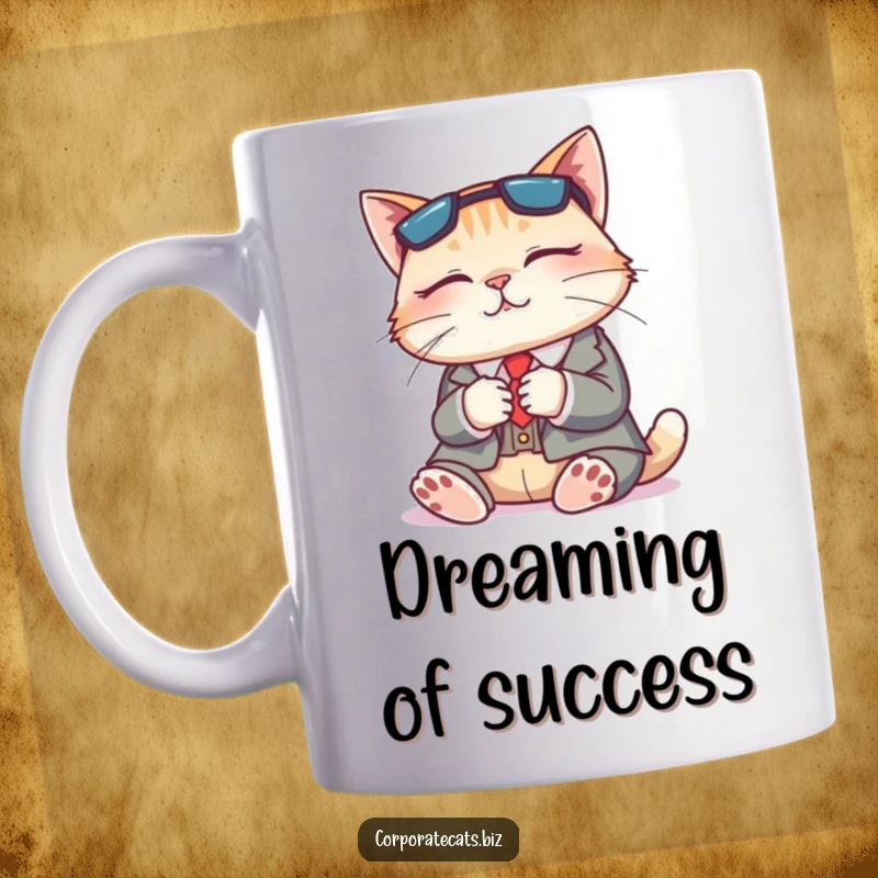 Funny mug depicting a content cat in a tiny business suit sound asleep, embodying ultimate relaxation and humor.