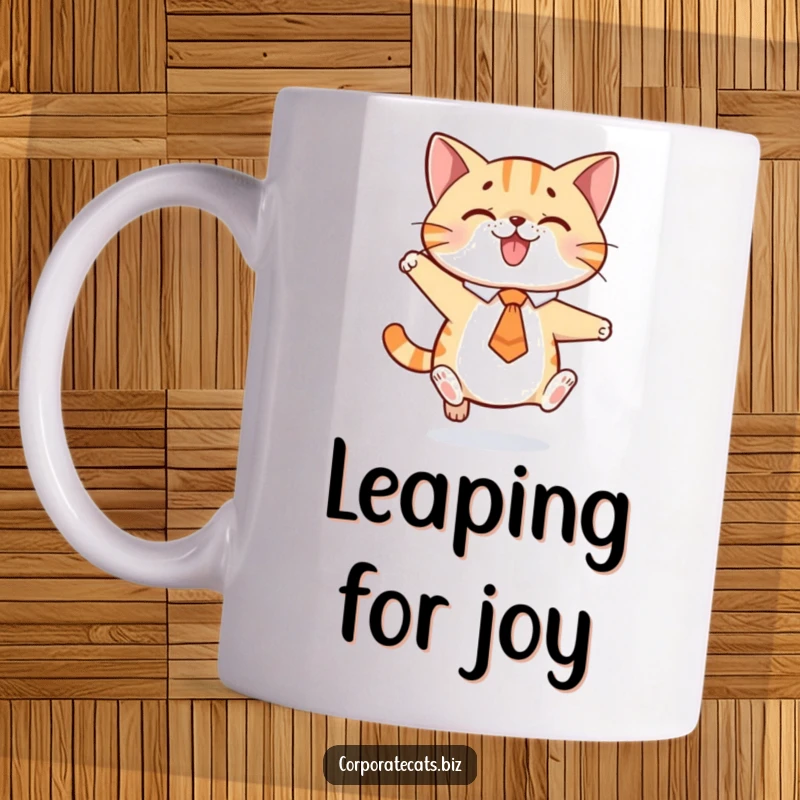 Funny mug capturing a playful cat wearing a tie, caught in a joyous mid-air jump. Exudes energy and fun.