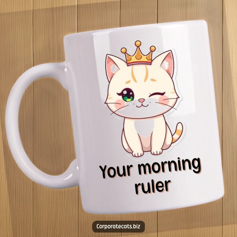Funny winking cat character wearing a small golden crown, looking regal and charming, perfect for cat royalty.