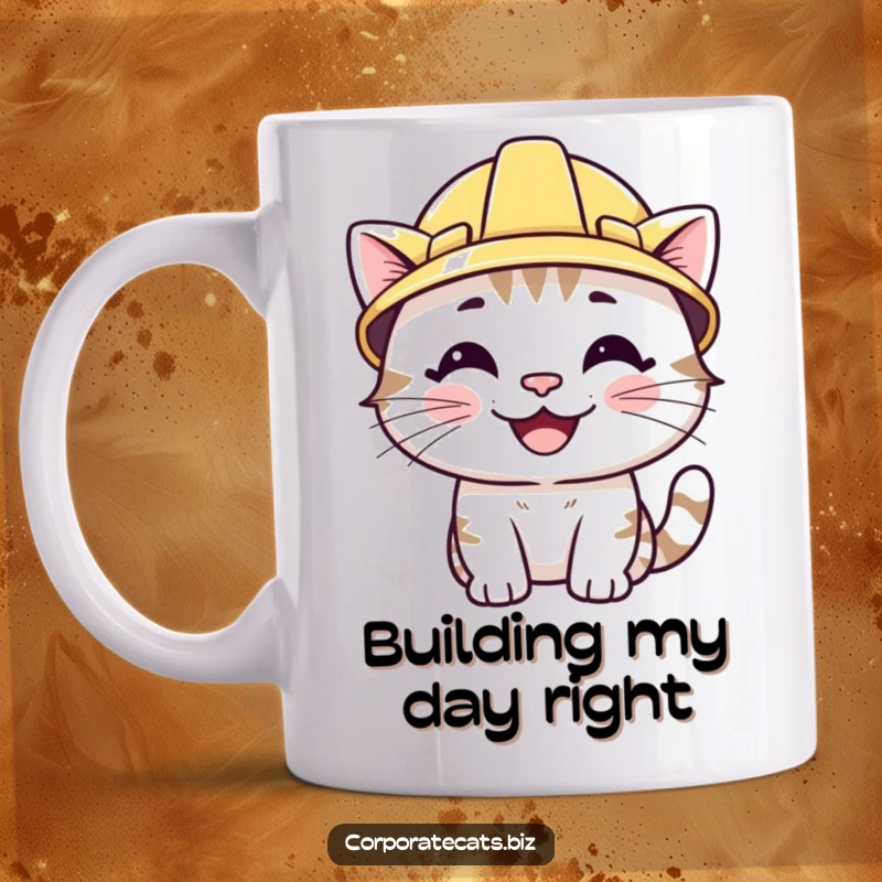 Funny smiling cat character wearing a miniature hard hat, ready for work. Cute and protective.
