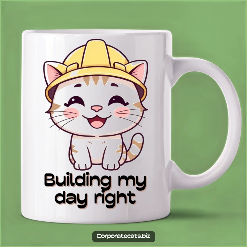 Funny Smiling Cat Mug: Wearing Hard Hat, Hilarious Gift for Builders and Cat Lovers