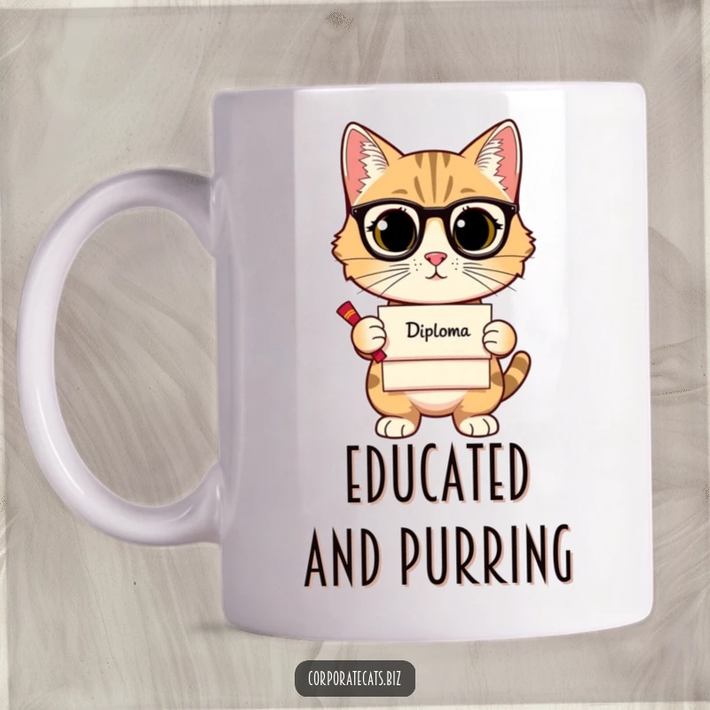 Funny mug featuring a sophisticated cat holding a small diploma, symbolizing intelligence and achievement with a humorous twist.