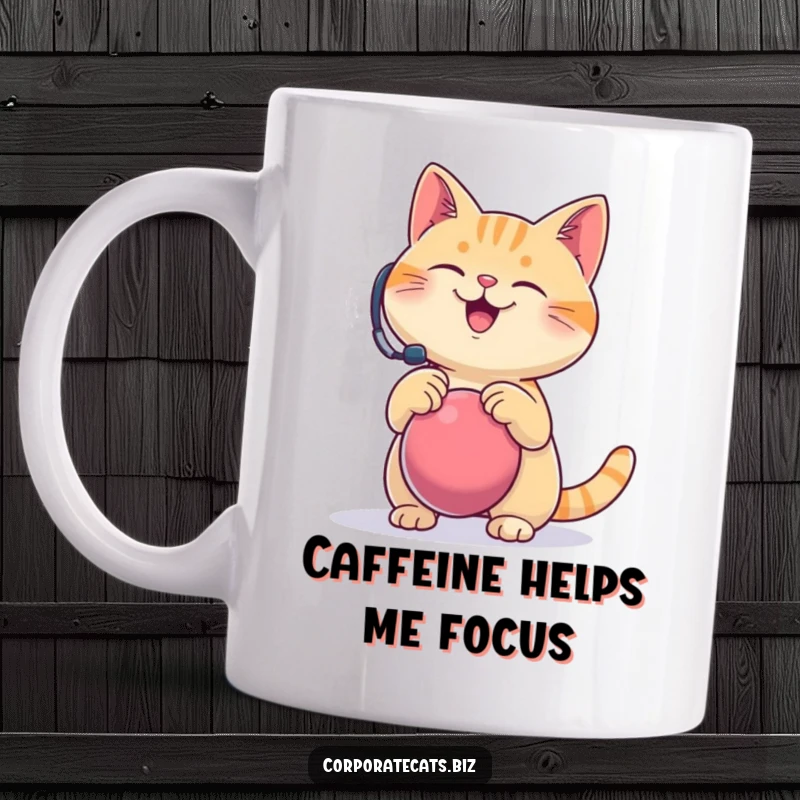 Funny stress relief cat mug, a happy cat wearing a headset comically bounces a stress ball, embodying work-life balance humor.