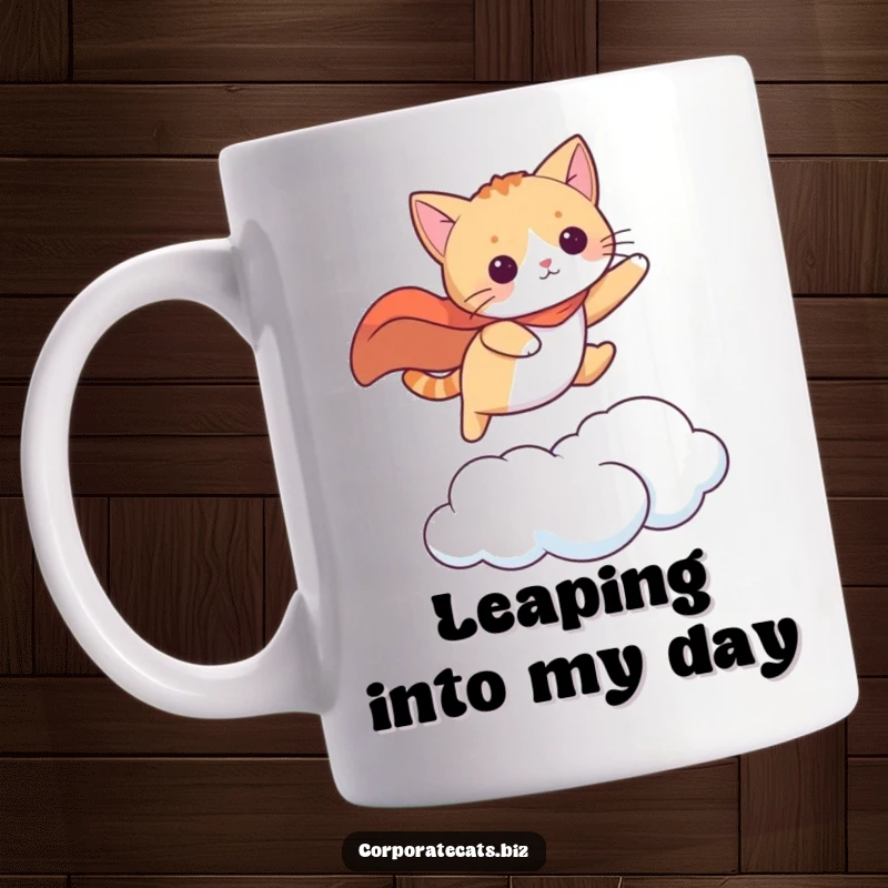 Funny cat in a cape, leaping heroically from cloud to cloud, embodying adventure. A great funny gift.
