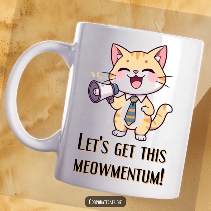 Funny cat mug featuring an excited businessman cat in a tie, enthusiastically cheering into a small megaphone, full of corporate spirit.